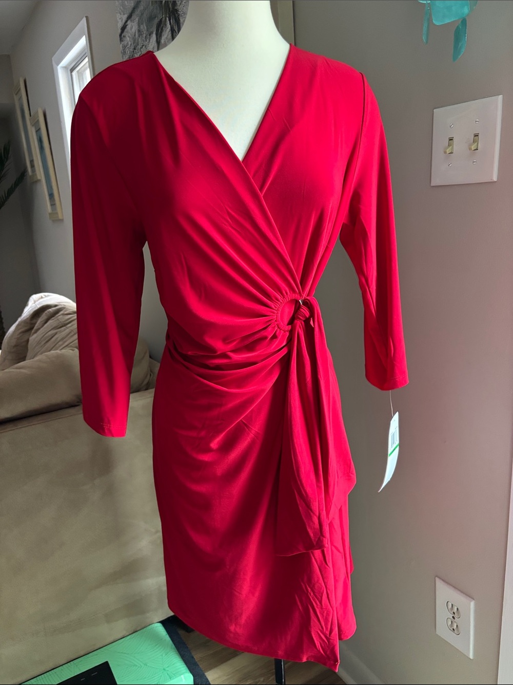 NWT! Nina Leonard Bright Red Wrap Dress with Side Ring Detail